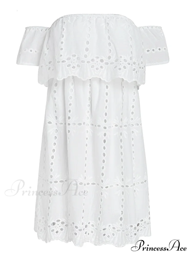White Lace Off Shoulder Dress with Hollow Out Detail for Women - Image 5