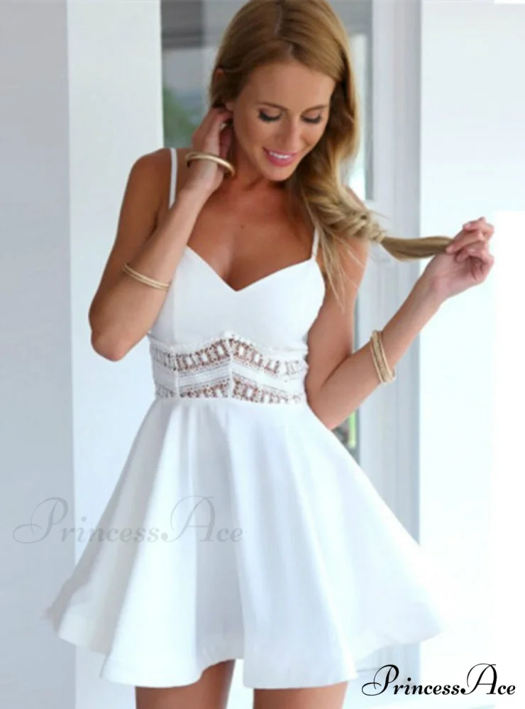 V Neck Crochet Lace Skater Dress with Waist Strap