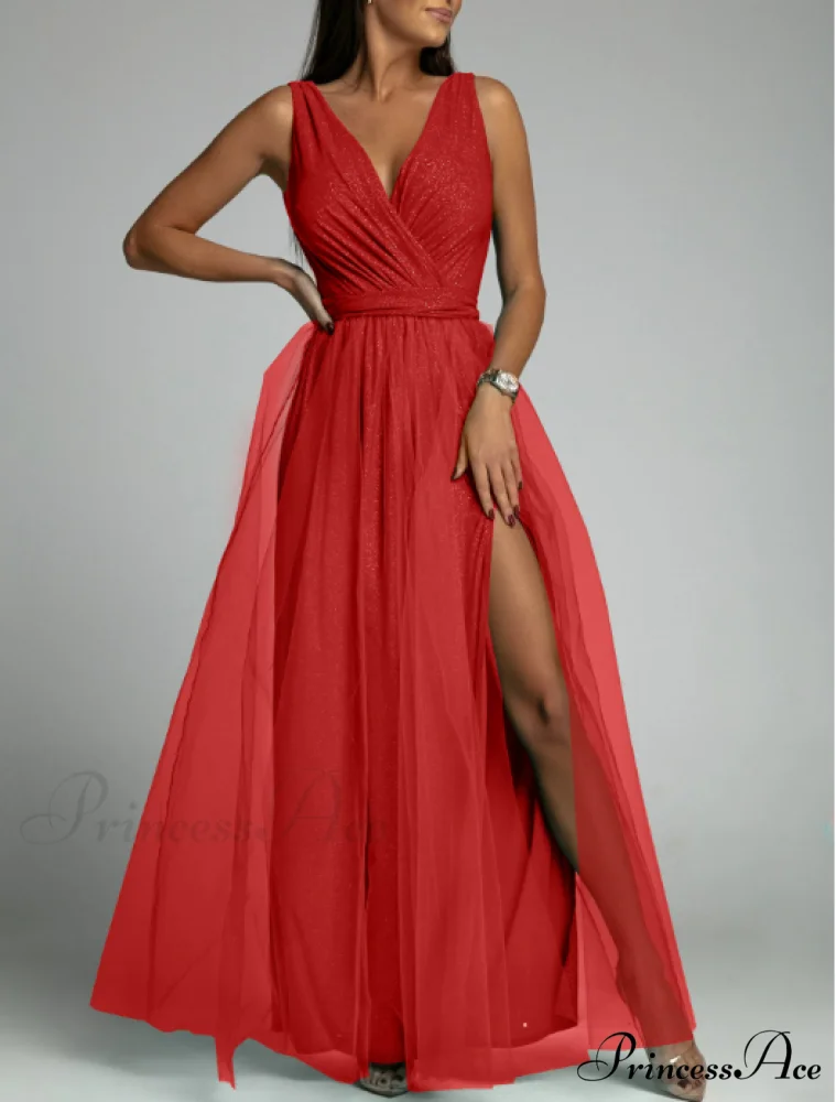 V-neck Waist Slim Split Big Swing Shiny Dress - Image 10