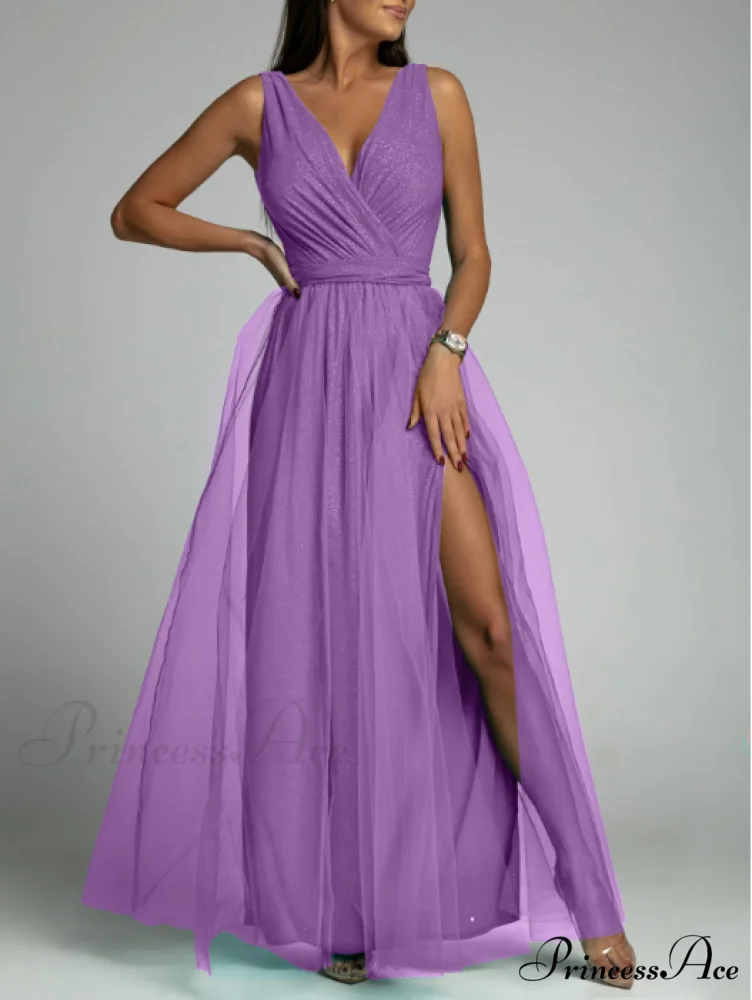 V-neck Waist Slim Split Big Swing Shiny Dress - Image 2