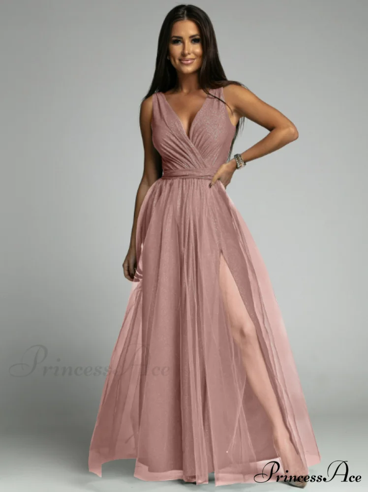 V-neck Waist Slim Split Big Swing Shiny Dress - Image 5