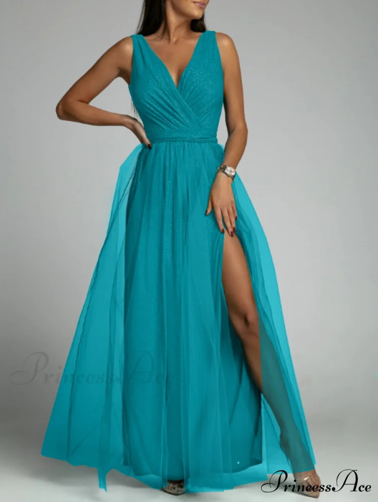 V-neck Waist Slim Split Big Swing Shiny Dress - Image 7