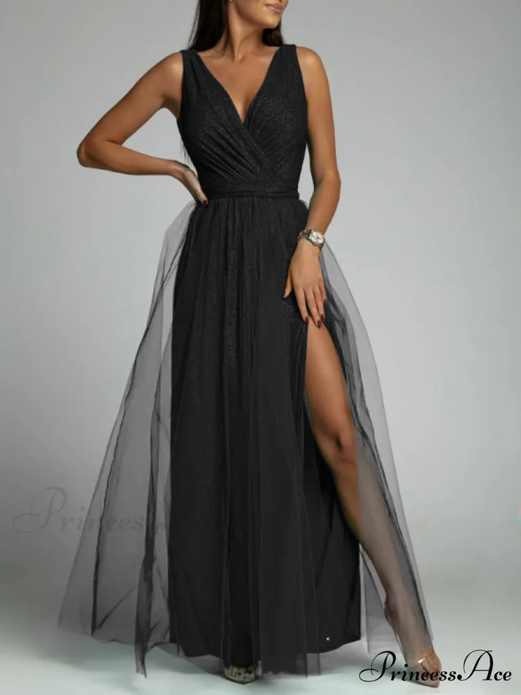 V-neck Waist Slim Split Big Swing Shiny Dress - Image 8