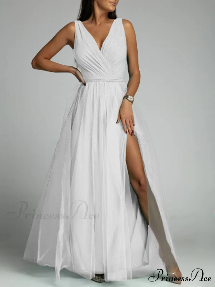 V-neck Waist Slim Split Big Swing Shiny Dress - Image 9