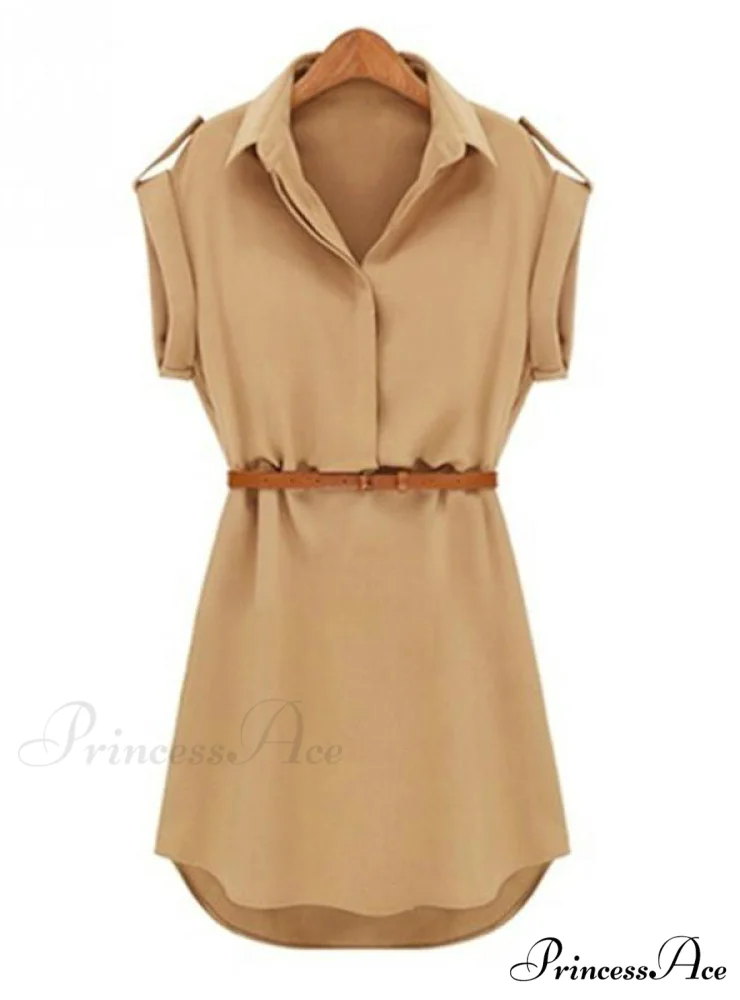 Short Sleeve Women's Shirt Blouse Dress with Belt - Image 2