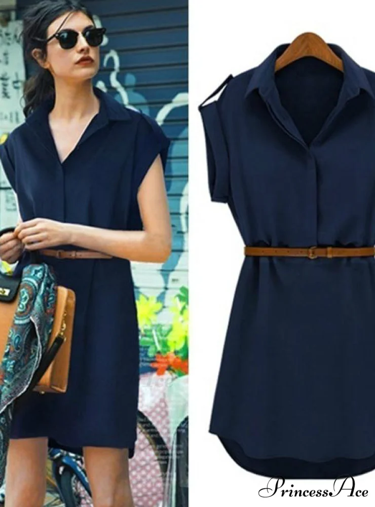 Short Sleeve Women's Shirt Blouse Dress with Belt - Image 4