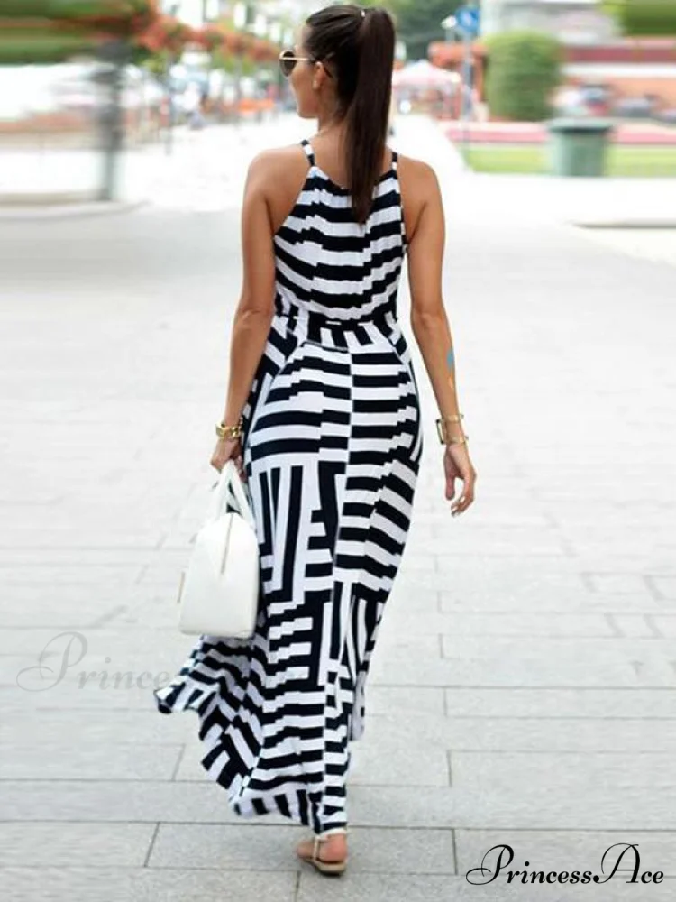 Asymmetric Striped Halterneck Maxi Dress in White and Black - Image 2