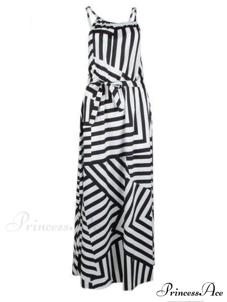 Asymmetric Striped Halterneck Maxi Dress in White and Black - Image 3