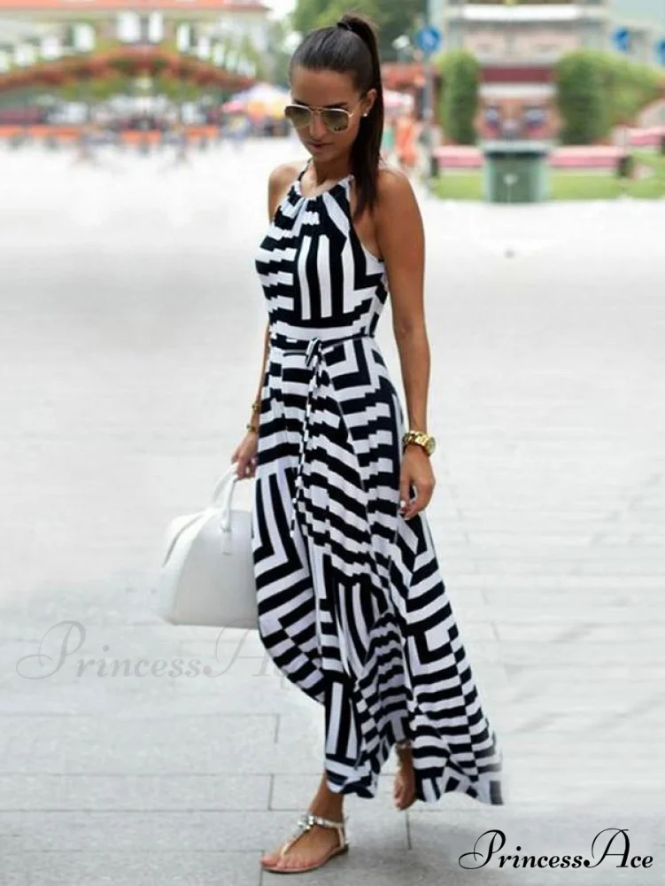 Asymmetric Striped Halterneck Maxi Dress in White and Black - Image 4