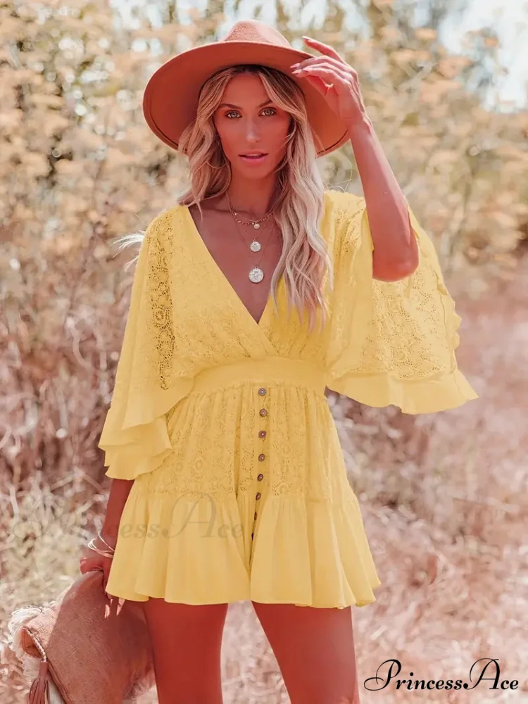 Lace Short Mini Summer Dress with Bat Sleeve - Image 2
