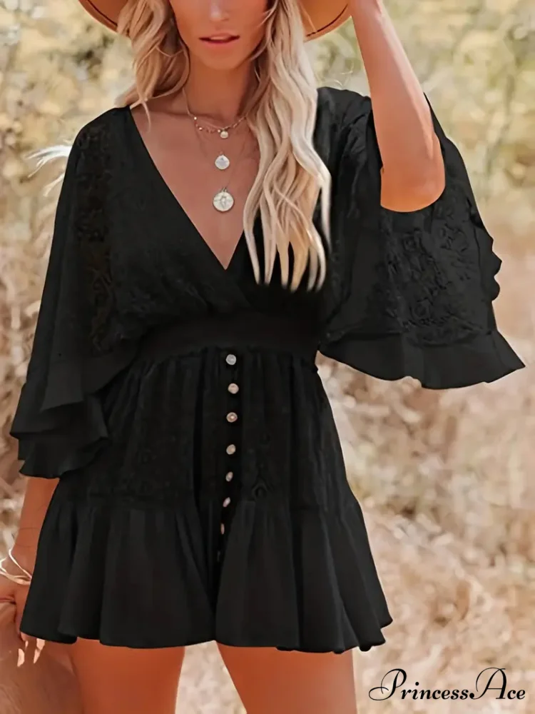 Lace Short Mini Summer Dress with Bat Sleeve - Image 4