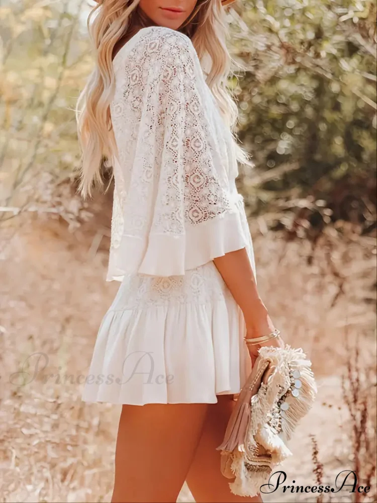 Lace Short Mini Summer Dress with Bat Sleeve - Image 5