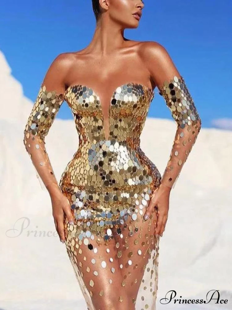 Sequin Mesh Off Shoulder Bodycon Maxi Party Dress