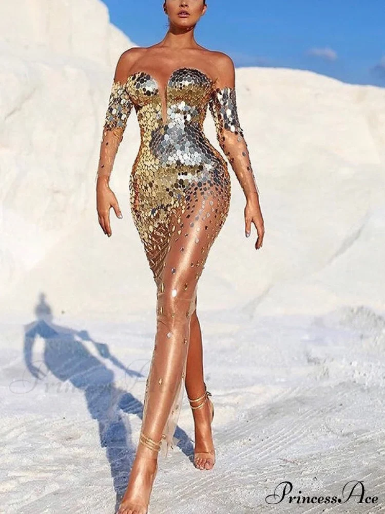 Sequin Mesh Off Shoulder Bodycon Maxi Party Dress - Image 2