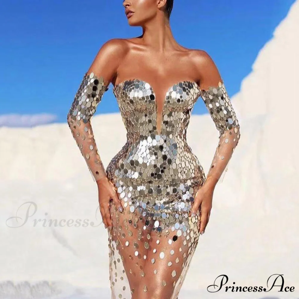 Sequin Mesh Off Shoulder Bodycon Maxi Party Dress - Image 5