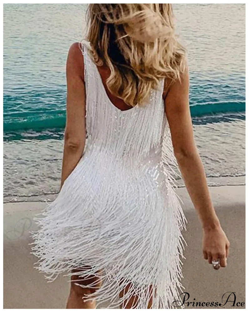 Summer V-Neck Sequins Tassel Feather Mini Dress - Image 2