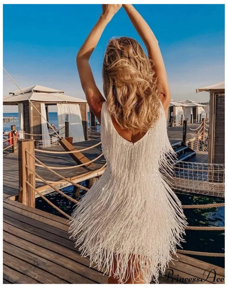 Summer V-Neck Sequins Tassel Feather Mini Dress - Image 3