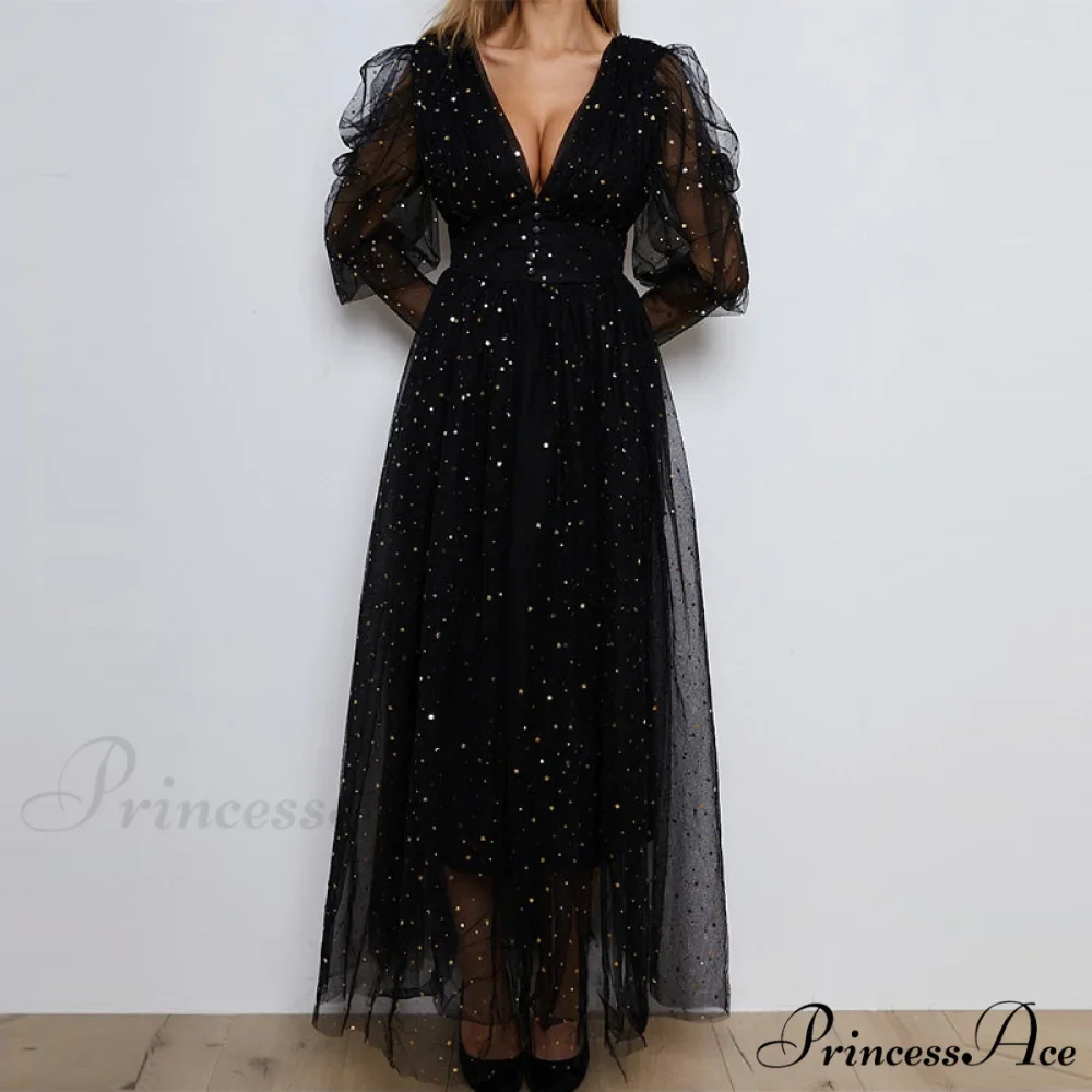 Sparkly Mesh Puff Sleeve V Neck Dress with Buttons - Image 2