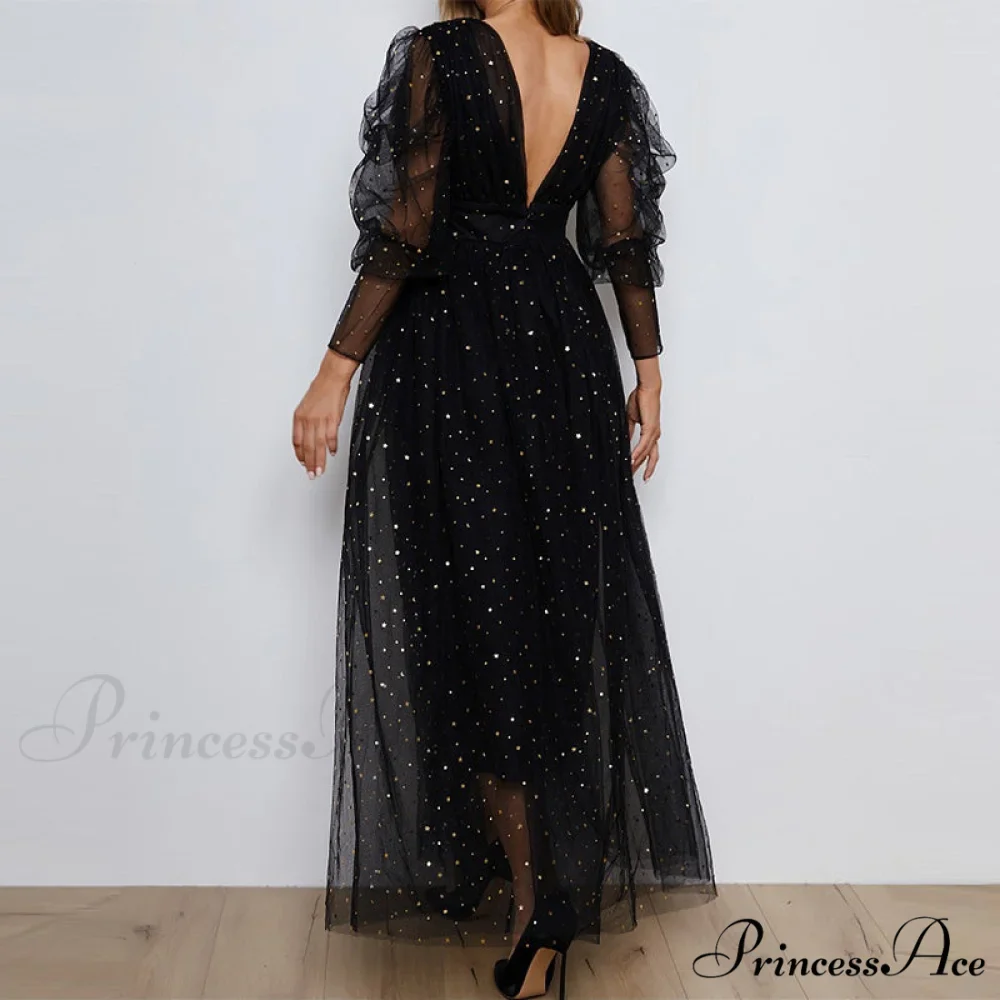 Sparkly Mesh Puff Sleeve V Neck Dress with Buttons - Image 4