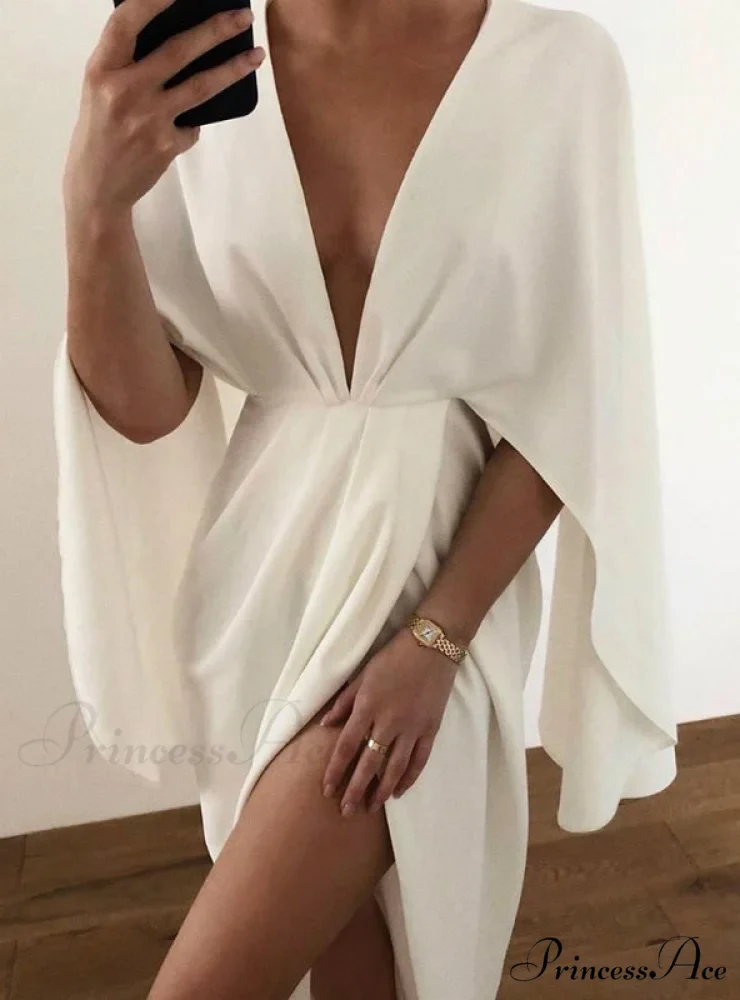 White Ruched Detail Slit Cape Sleeve Dress - Image 2