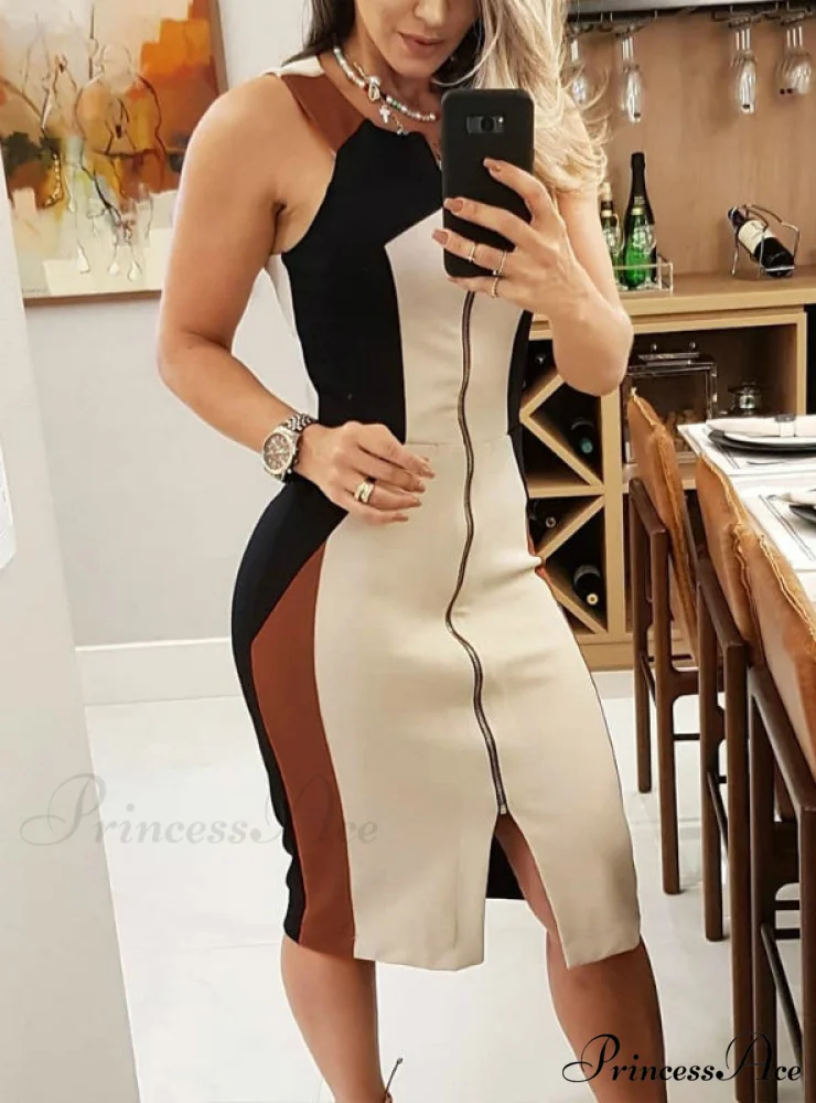 Sleeveless Casual Midi Weekend Dress with Colorblock Design - Image 2