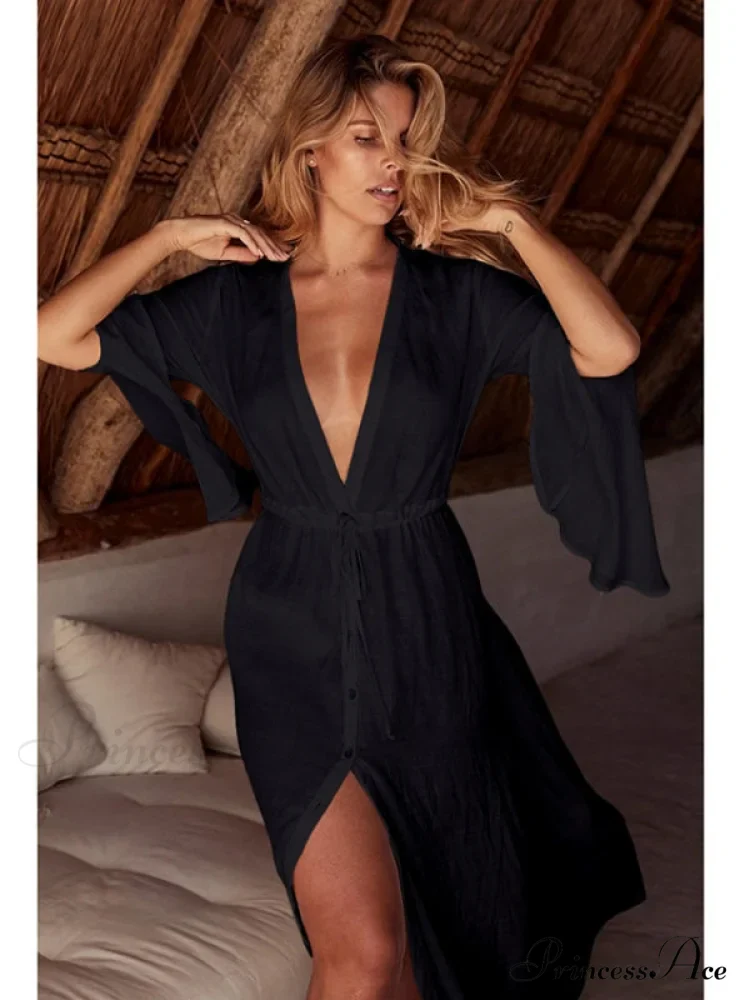 Deep V-neck Beach Dress with Horn Sleeves - Image 3