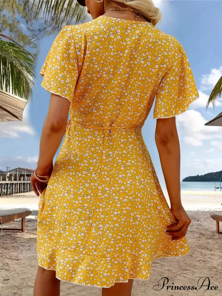 Floral Print Ruffle Hem Wrap Dress with Short Sleeves and V-neck - Image 2