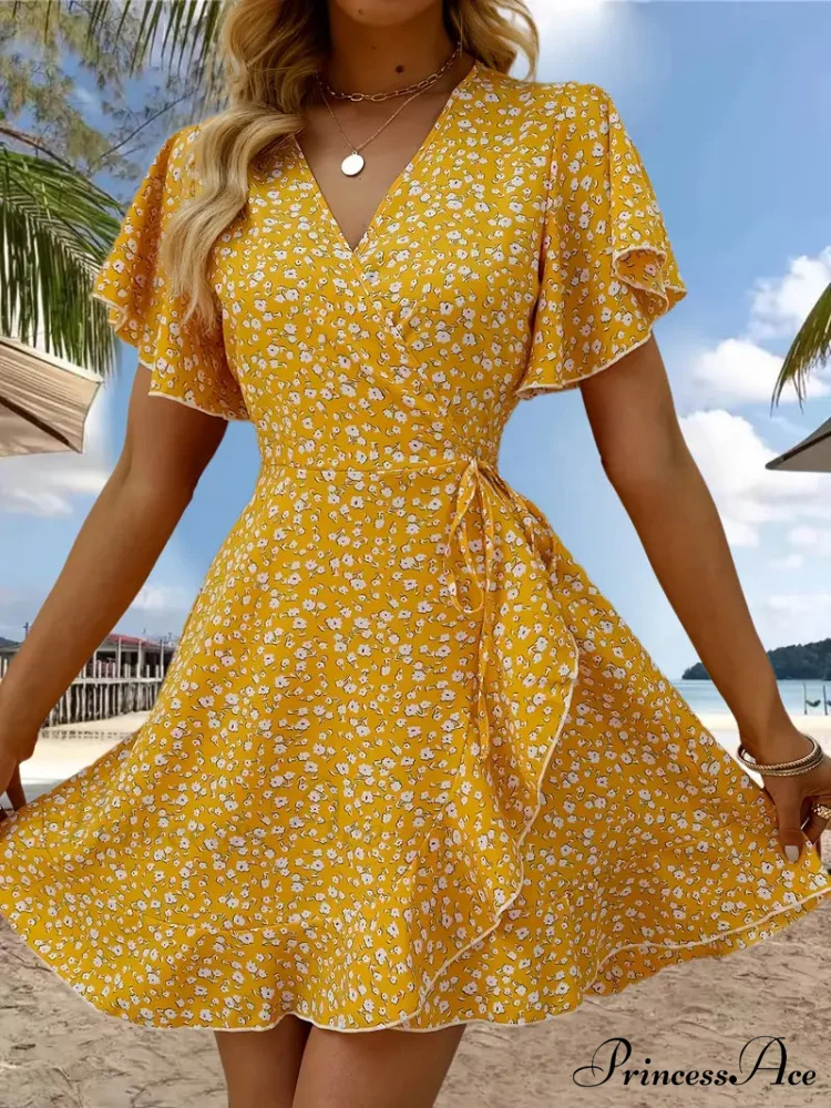 Floral Print Ruffle Hem Wrap Dress with Short Sleeves and V-neck - Image 4
