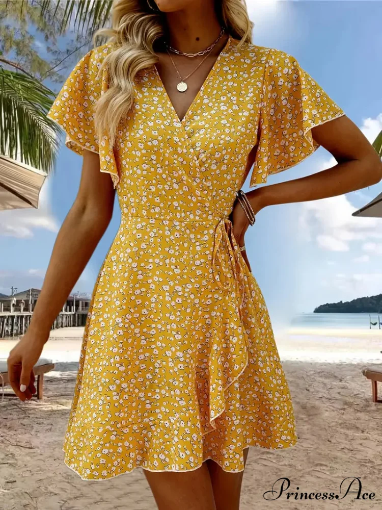 Floral Print Ruffle Hem Wrap Dress with Short Sleeves and V-neck - Image 5