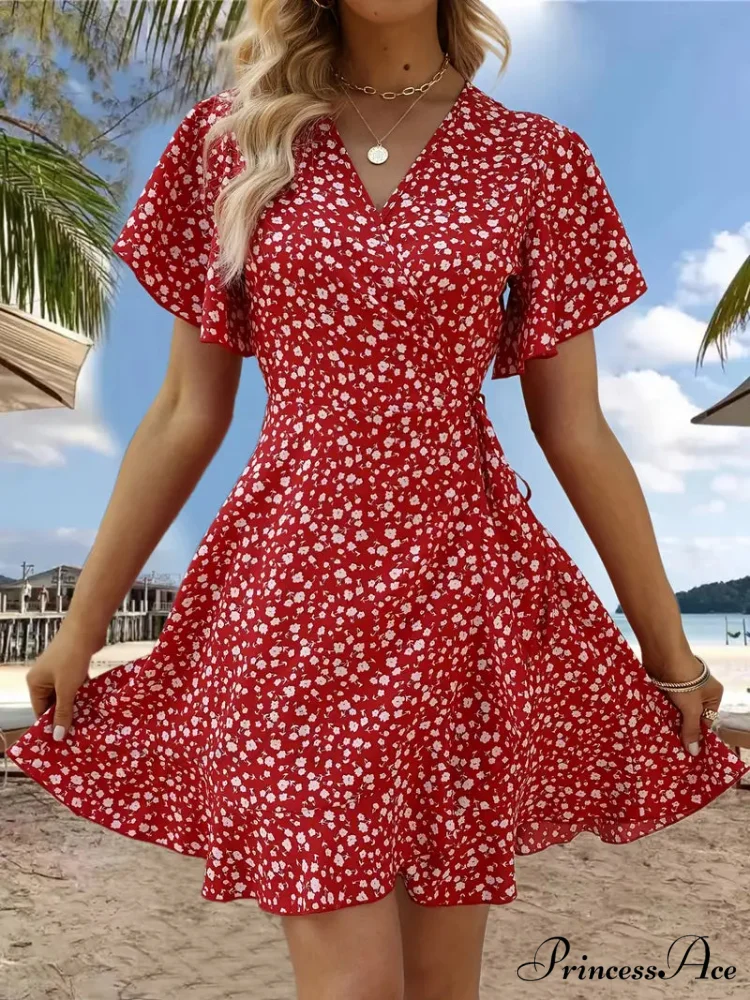Floral Print Ruffle Hem Wrap Dress with Short Sleeves and V-neck - Image 7