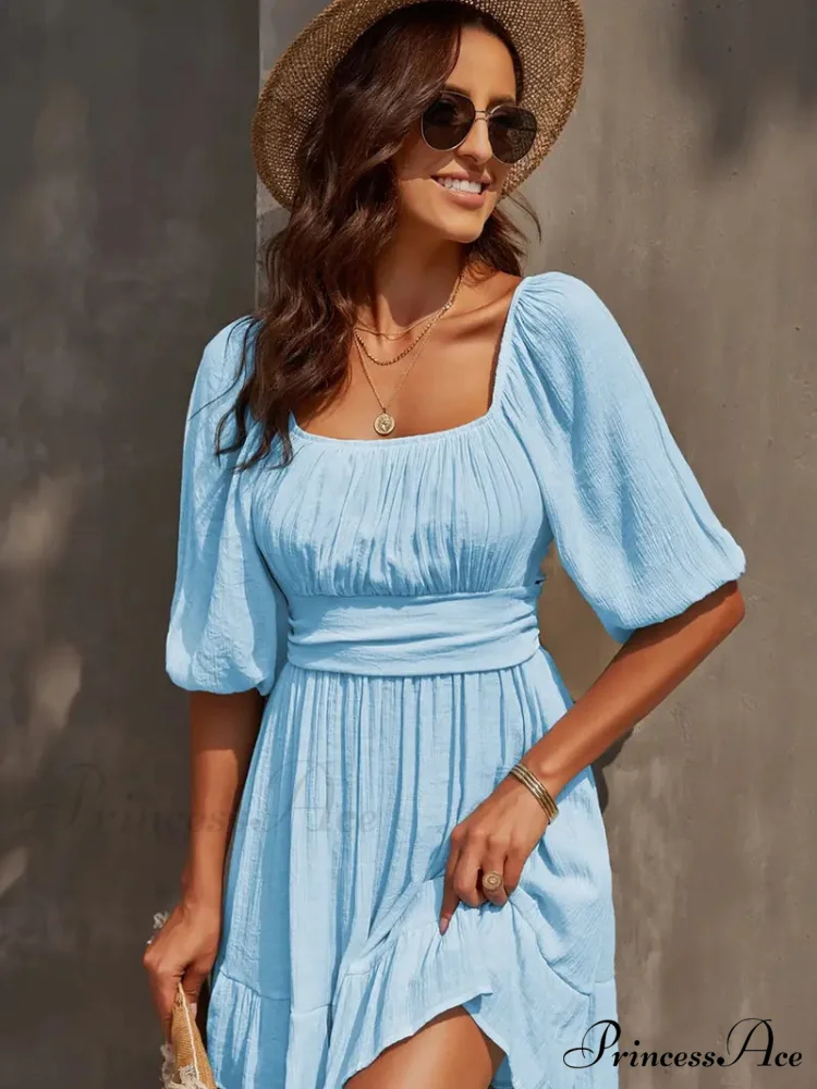 Summer Dress with Lantern Sleeves and Square Neck Ruffle Back - Image 3