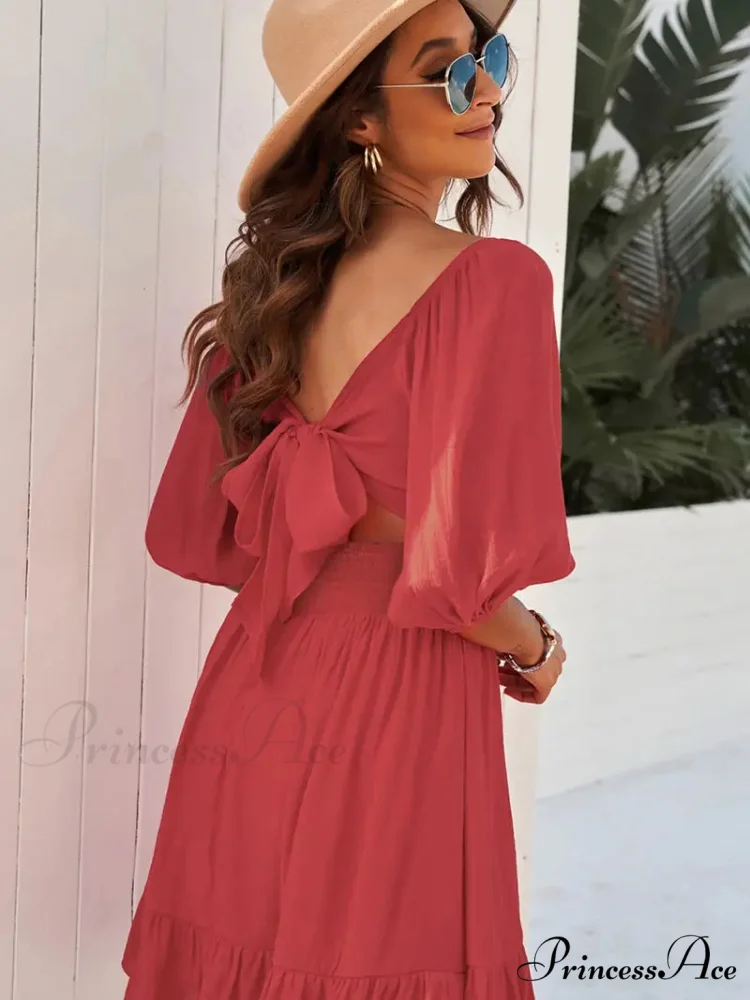 Summer Dress with Lantern Sleeves and Square Neck Ruffle Back - Image 5