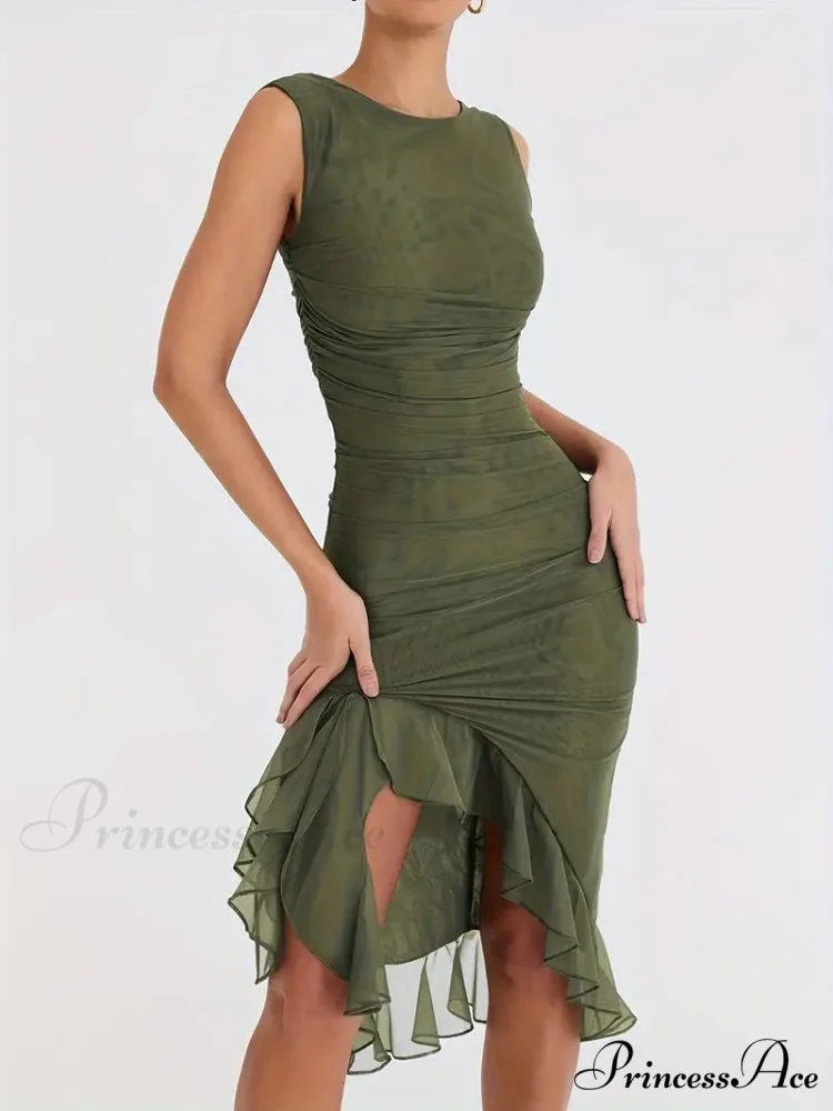 Ruched Backless Bodycon Dress with Ruffle Hem - Image 2