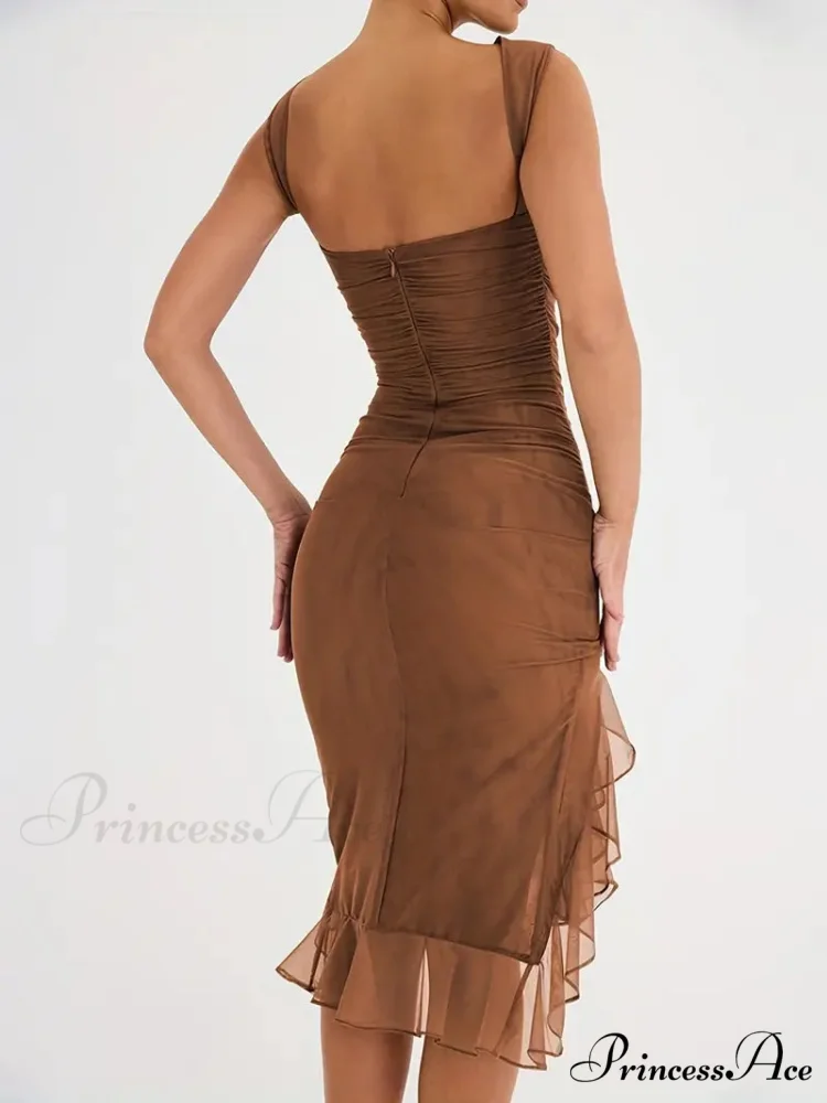Ruched Backless Bodycon Dress with Ruffle Hem - Image 7