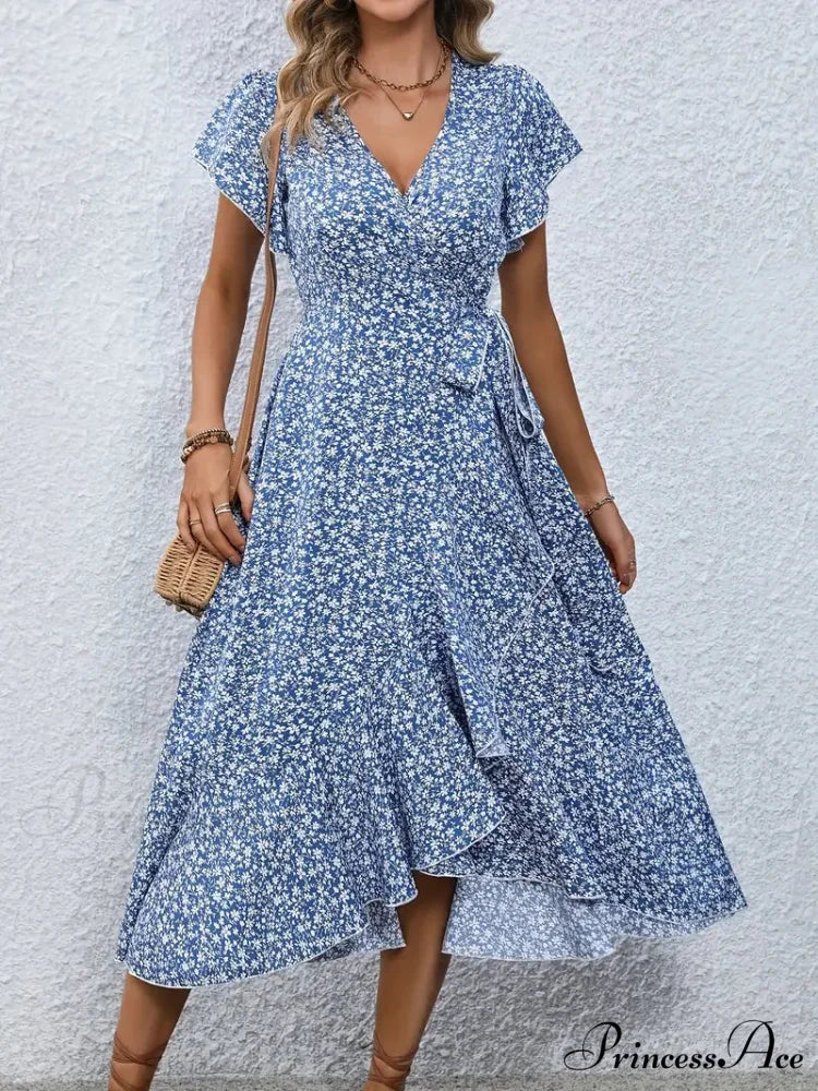 Floral Print Surplice Neck Tied Dress with Flutter Sleeves - Image 2