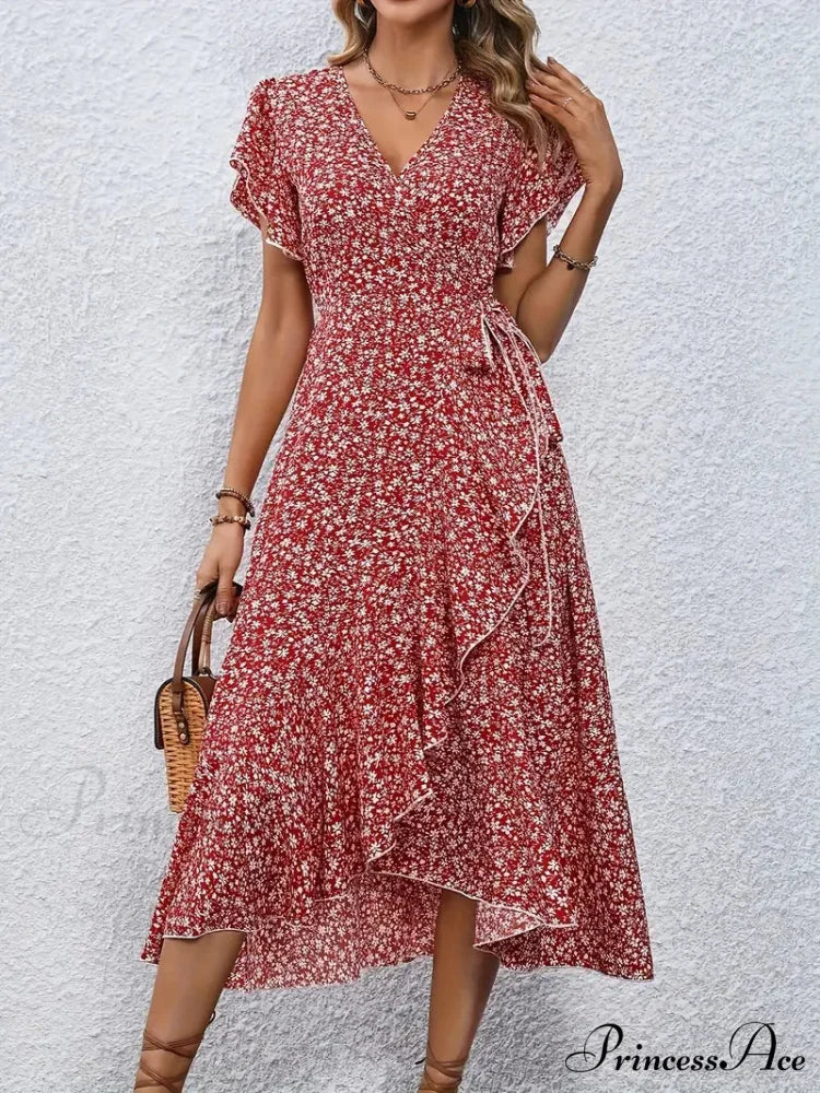 Floral Print Surplice Neck Tied Dress with Flutter Sleeves - Image 3