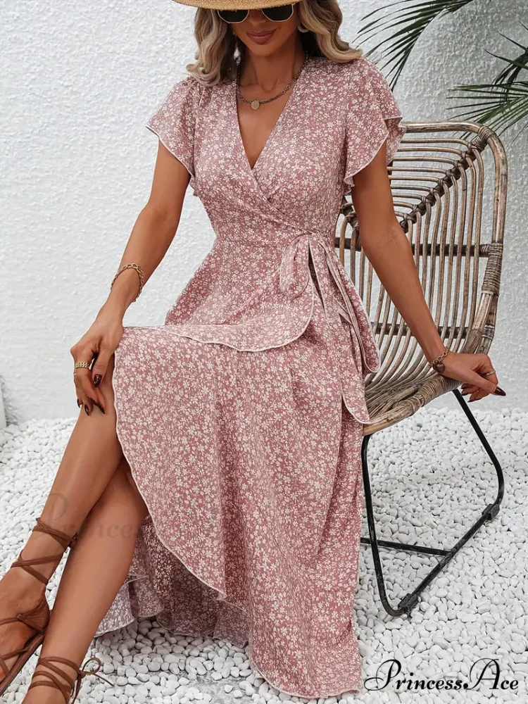 Floral Print Surplice Neck Tied Dress with Flutter Sleeves - Image 4