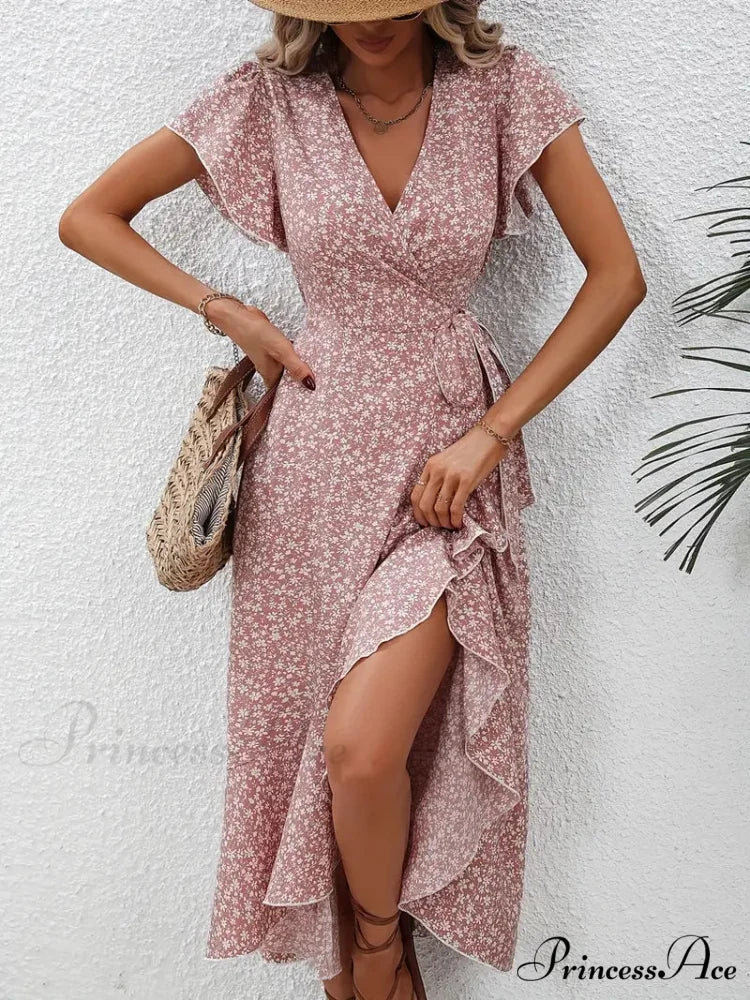 Floral Print Surplice Neck Tied Dress with Flutter Sleeves - Image 5