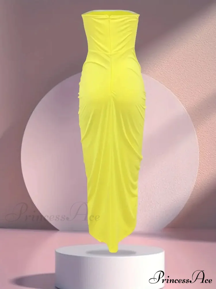 Yellow Strapless Ruched Bodycon Dress with Slit - Image 2