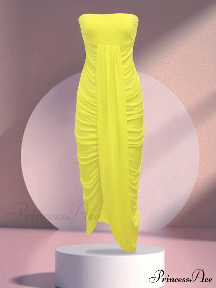 Yellow Strapless Ruched Bodycon Dress with Slit - Image 3