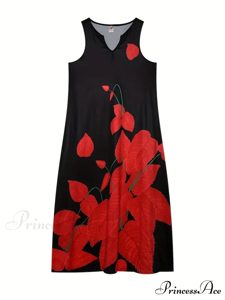 Black Floral Print Notched Neck Dress for Summer - Image 2