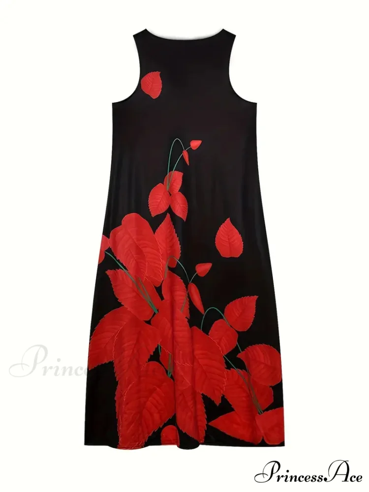 Black Floral Print Notched Neck Dress for Summer - Image 3