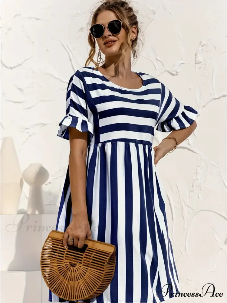 Navy Striped Summer Dress with Short Sleeves - Image 2
