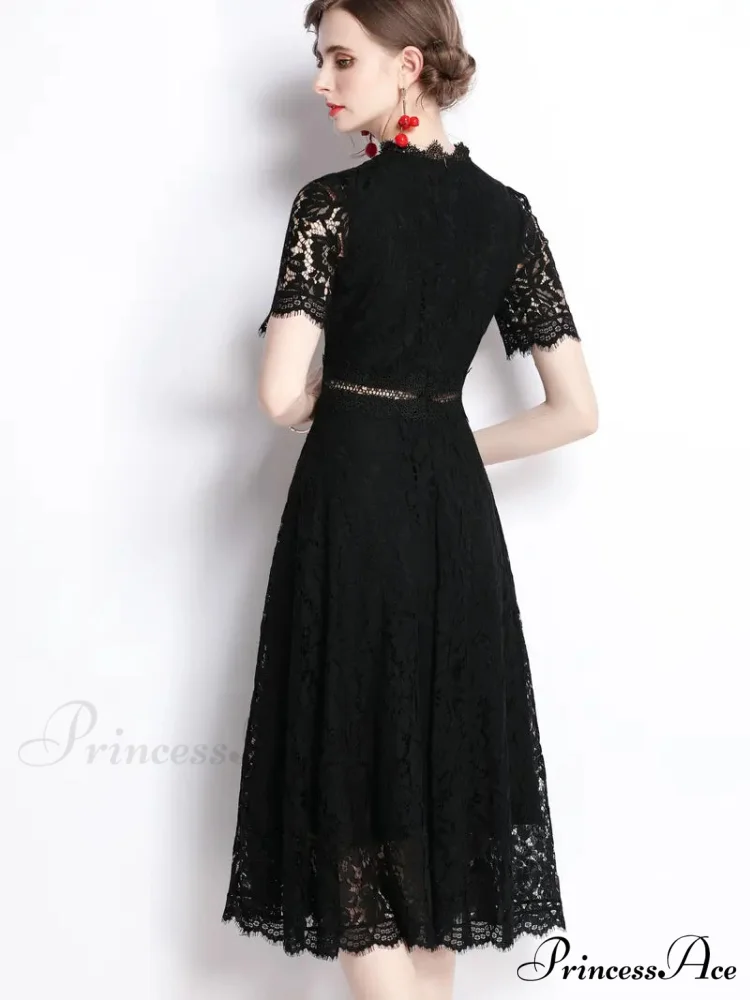 Burgundy Lace Dress with Short Sleeves and Mock Neck - Image 2