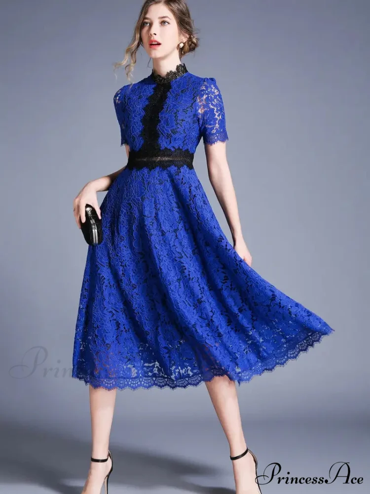 Burgundy Lace Dress with Short Sleeves and Mock Neck - Image 3