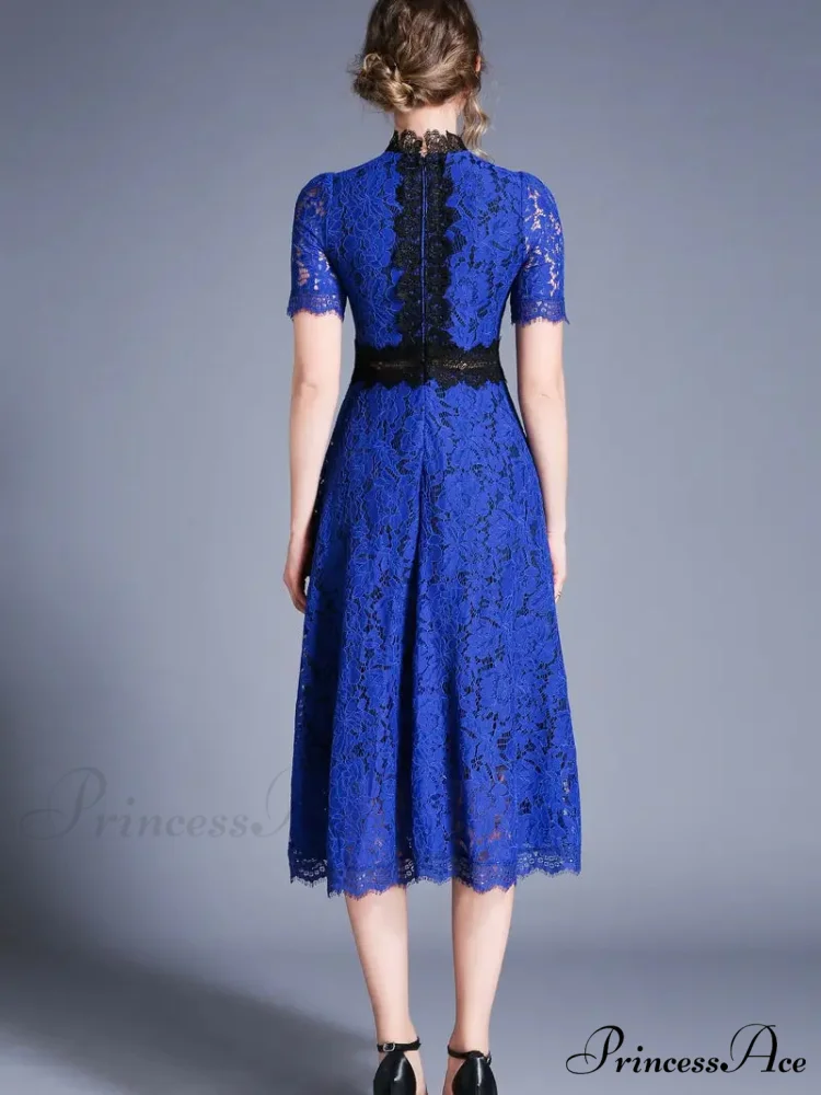 Burgundy Lace Dress with Short Sleeves and Mock Neck - Image 4
