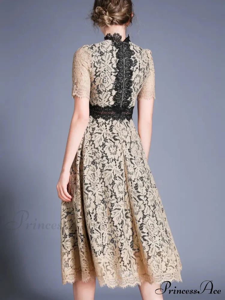 Burgundy Lace Dress with Short Sleeves and Mock Neck - Image 5