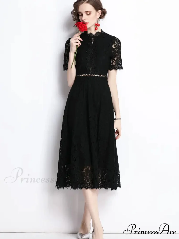 Burgundy Lace Dress with Short Sleeves and Mock Neck - Image 6