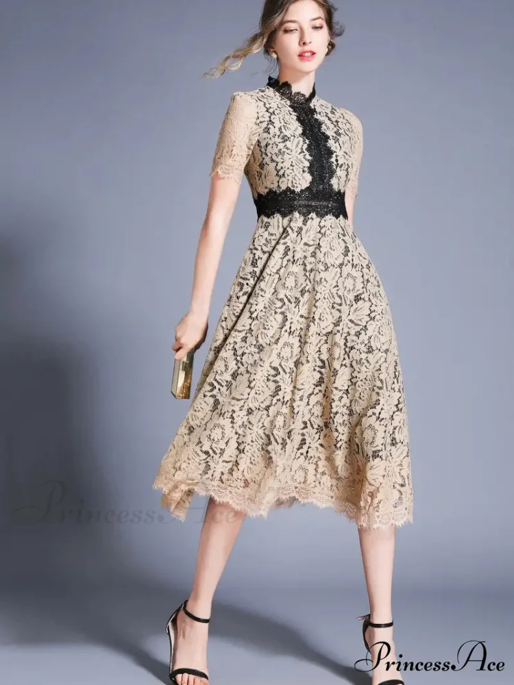 Burgundy Lace Dress with Short Sleeves and Mock Neck - Image 7