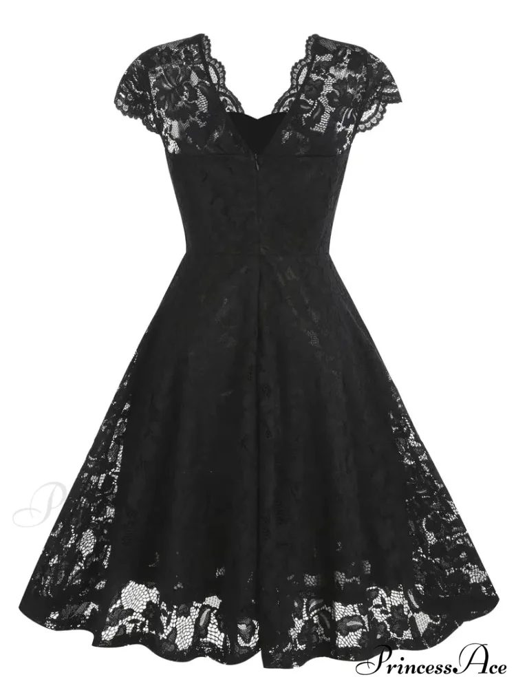 Black V Neck Cap Sleeve A Line Dress for Parties - Image 3